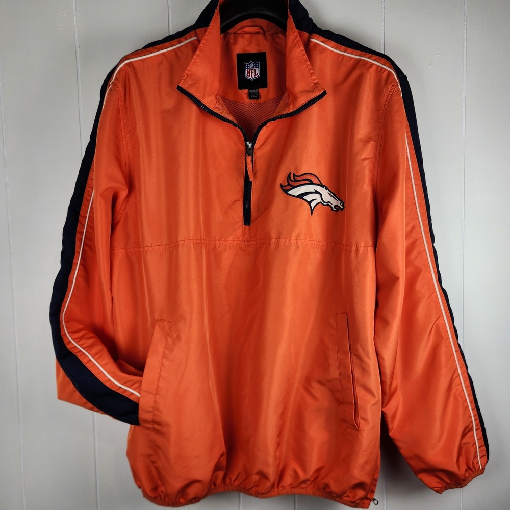 NFL Denver Broncos Windbreaker Jacket Mens XXL Orange Navy‎ Quarter Zip Pullover
